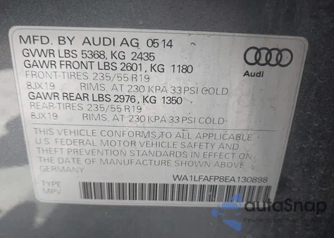 2014 Audi Q5 2.0T Premium из США, поврежденный, VIN WA1LFAFP8EA130898